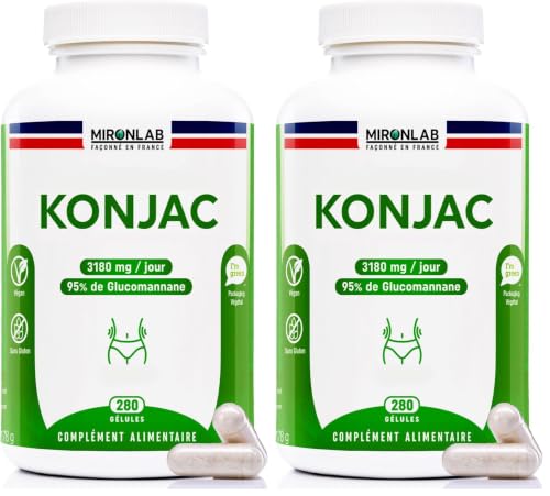 Konjac Pur 3180 mg/j - 280 Gélules – 45Jours - 95% Glucomannane - Laboratoire Français MironLab (Lot de 2)