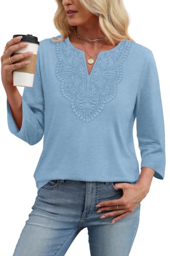 Image of WIHOLL 3 /4 Length Sleeve Womens Tops Boho V Neck Lace Shirt Trendy Blouses Dressy Casual Vacation Clothes S-3XL