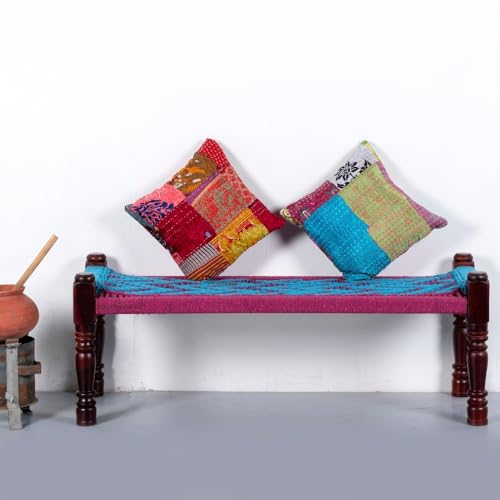 Image of Wooden Bench for Seating | Handcrafted Sheesham Wood Bench for Living Room, Balcony & Garden | Traditional Patio for Outdoor with Cotton Handwoven Rope | Pink and Light Blue