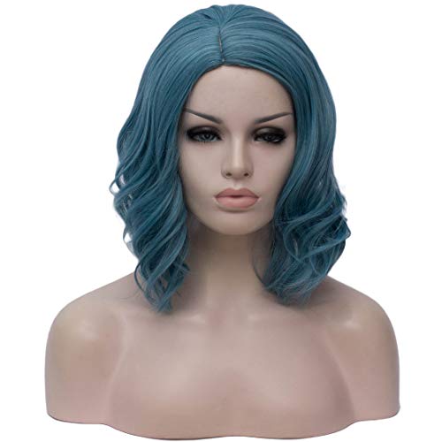 Cying Lin Short Bob Curly Wavy Wig For Women Blue Green Wig Women Cosplay Halloween Fun Wig+ Wig Cap (Blue Green)