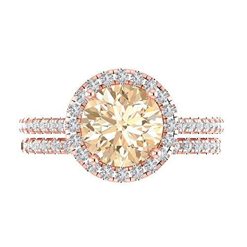 Clara Pucci 2.72ct Round Cut Halo Solitaire Natural Brown Morganite Engagement Promise Anniversary Bridal Ring Band set 18K Rose Gold