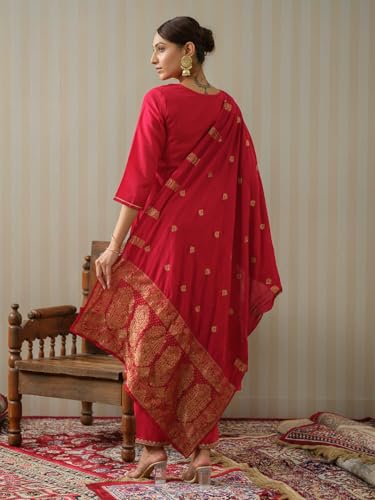 Image of Kaari Women's Embroidered Kurta Set with Pant & Dupatta | Ethnic Kurta Set for Women | Straight Fit | Round Neck | Festive, Wedding, Ceremony