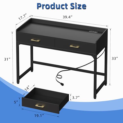 Image of HIGDBFE Small Desk with 2 Drawers & Charging Station, 39.4 inch, Black