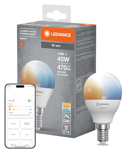 LEDVANCE Smarte LED-Lampe mit WiFi Technologie, Sockel E14, Dimmbar, Lichtfarbe änderbar (2700-6500K), ersetzt Glühlampen mit 40 W, SMART+ WiFi Mini Bulb Tunable White, 1er-Pack