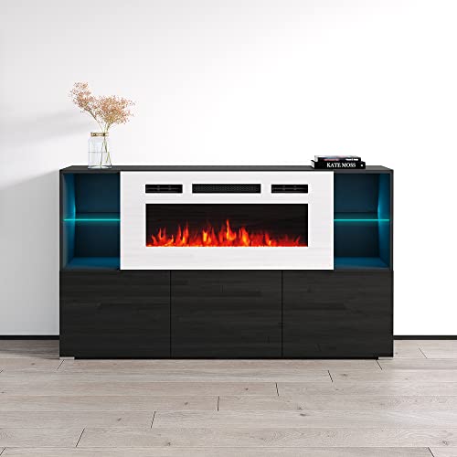 Meble Furniture Komi WH03 Fireplace Sideboard - Modern & Stylish Rectangular Sideboard Table with Ample Storage Space - Durable Sideboard for Living Room or Dining Area with Electric Fireplace - Black