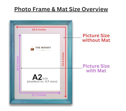 Image of A3 Size Wooden Photo Frame with Mat, Blue Photo Frame for Wall Decoration, Home Decor for Wall Hanging, Best Wooden Photo Frame for Posters and Photos (A2 Size Matted to A3 Size)