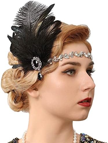 GENBREE 1920s Flapper Headband Black Feather Headpiece Rhinestone Gatsby Headbands Cocktail Head Accessories for Women(Pattern 3)