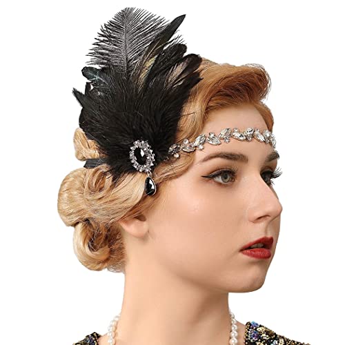 Genbree 1920S Flapper Headband Black Feather Headpiece Rhinestone Gatsby Headbands Cocktail Head Accessories For Women(Pattern 3) #TOP2