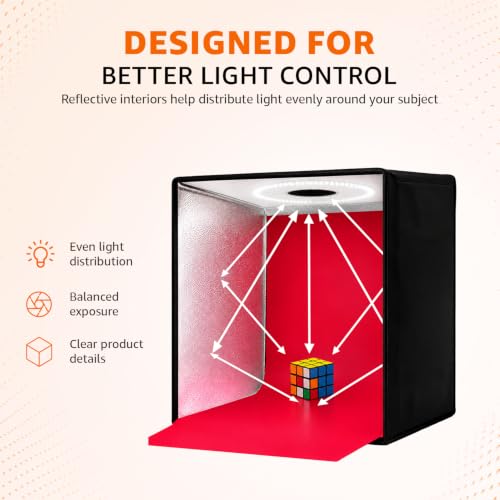 Image of Amazon Basics Portable Light Box 40x40cm, Professional Dimmable Photo Box with 6800K LED Lights, High CRI, 5 Color PVC Backdrops, for Jewellery & Small Product Photography