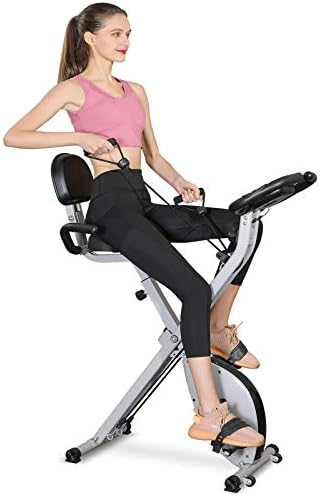 Exercise Bike Stationary Bike Foldable Magnetic Upright Recumbent Portable Fitness Cycle with Arm Resistance Bands Extra-large Adjustable Seat Pulse 3-in-1 Cycling Indoor Trainer for Home(Grey)