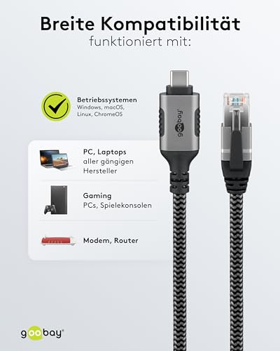 Goobay 70696 USB-C auf RJ45 Ethernet CAT 6 Kabel für stabile kabelgebundene Internetverbindung mit Router/Modem/Netzwerk Switch/Ersetzt USB auf RJ45 Adapter / 1 Gbit/s / 1 Meter