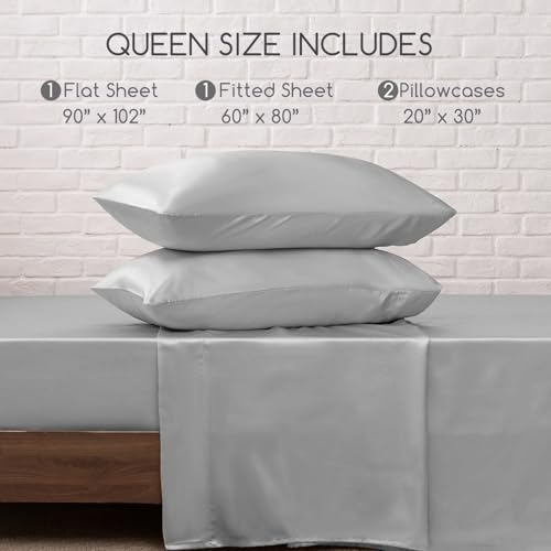 Image of MR&HM Satin Bed Sheets, Queen Size Sheets Set, 4 Pcs Silky Bedding Set with 15 Inches Deep Pocket for Mattress (Queen, Silver Grey)