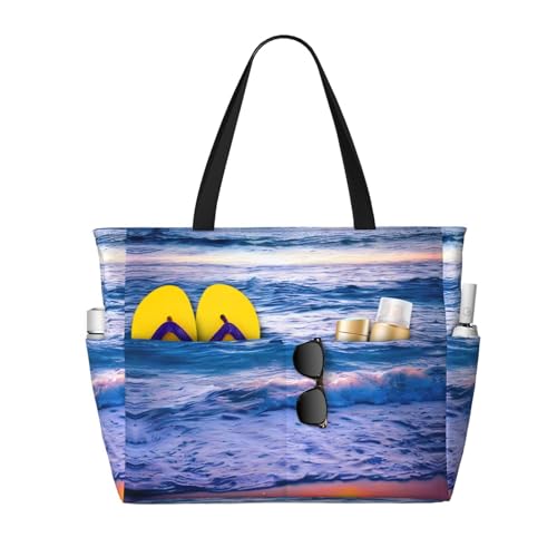Beach Sunset Ocean Waves Large Capacity Foldable Tote Bag Women Beach Tote Bag Handbag Gym Bag Travel Shopping Bag