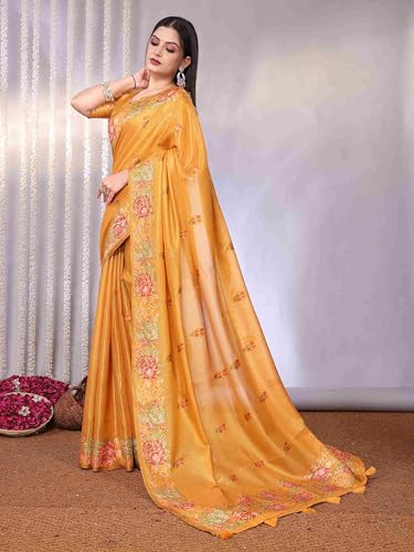 Image of SWORNOF Gold-Toned Woven Design Silk Zari Tissue Saree | Saree for Women | Soft and Skin Friendly
