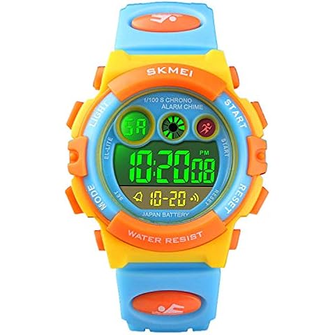 Kids Digital Sport Watch for Boys Girls, Kid Waterproof Electronic Multi Function Casual Outdoor Watches, 7 Colorful LED Luminous Alarm Stopwatch Wristwatch, Yellow Blue, Digital Cover