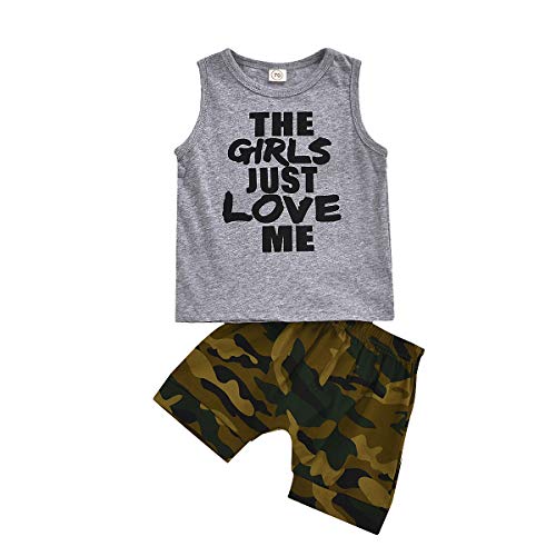 ClickMeForMoreProducts Toddler Baby Boys Camouflage Shorts Set,Letter Tank Tops Sleeveless Shirt Camo Shorts 2 Piece Outfits Summer Clothes (Gray A,6-12 Months)
