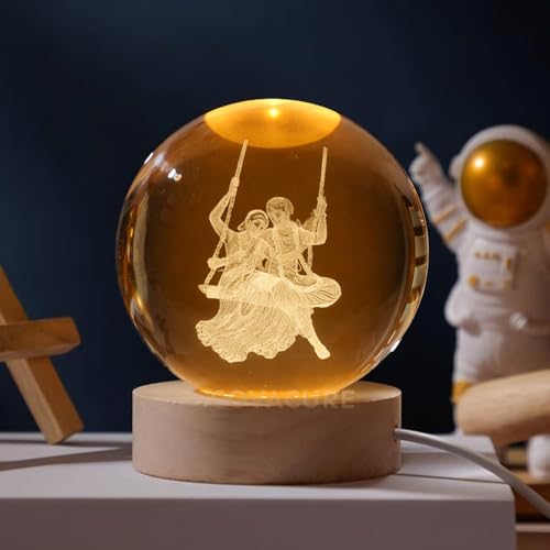 Image of COVACURE 3D Crystal Ball Night Lamp, Crystal Ball Night Light with USB, LED Wooden Base Table Lamp for Bedroom Home Office Decoration Birthday Gift for Boys and Girls (Radha Krishna Swing Ball)