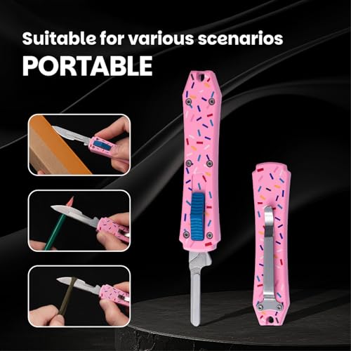 Automatic Utility Knife,All Metal Construction Carbon Stainless Steel Blade,Quick Change Retractable Box Cutter,EDC Push Button with Clip,10PCS #23 Blades Replacement,Pink Doughnut