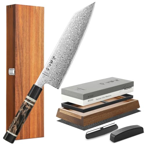 HEZHEN Cuchillo de Kiritsuke Damasco de Acero en Polvo ZDP-189 Japonés, Cuchillo de Chef Profesional Damasco con Tabla de Cortar de Madera de Acacia