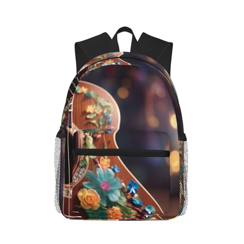 Sac à dos imprimé fleurs et guitare pour ordinateur portable voyage noir élégant