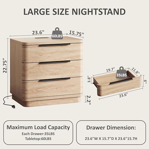 Image of Nightstands Set of 2, Bedside Table with 3 Storage Drawers, 24 inch Tall Wood Night Stand with Charging Station, Modern Wide End Table Side Table W /Metal Handle Curved Profile for Bedroom