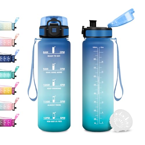 JAPORIA Gourde 1L, Gourde Sport avec Filtre, Anti-Fuite, Réutilisable, Bouteille d'eau avec Marquages de Temps, pour Voyage, Randonnée, Fitness
