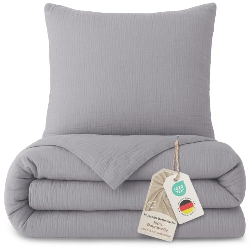LAYNENBURG Premium Musselin Bettwäsche 155x220 cm + 80x80 cm - Oeko-Tex 100% Baumwolle atmungsaktiv & bügelfrei 3 lagiges Musselin mit Reißverschluss & Haltebändern (grau)