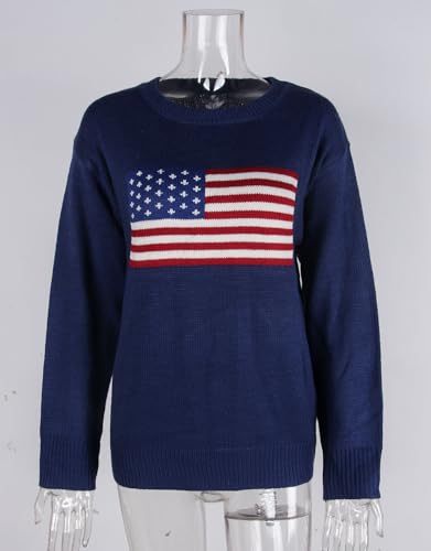 Image of Women's American Flag Pullover Sweaters Long Sleeve Crew Neck Knit Sweater