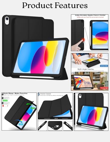 ProElite Smart Case for iPad (A16) 11th/10th Generation (2025/2022) [Auto Sleep/Wake Cover] [Left Side Pencil Holder] [Soft Flexible Case] Recoil Series - Black
