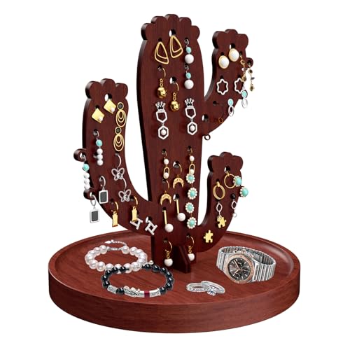 Wood Cactus Earrings Holders, Cactus Shaped Jewelry Tree Earring Display