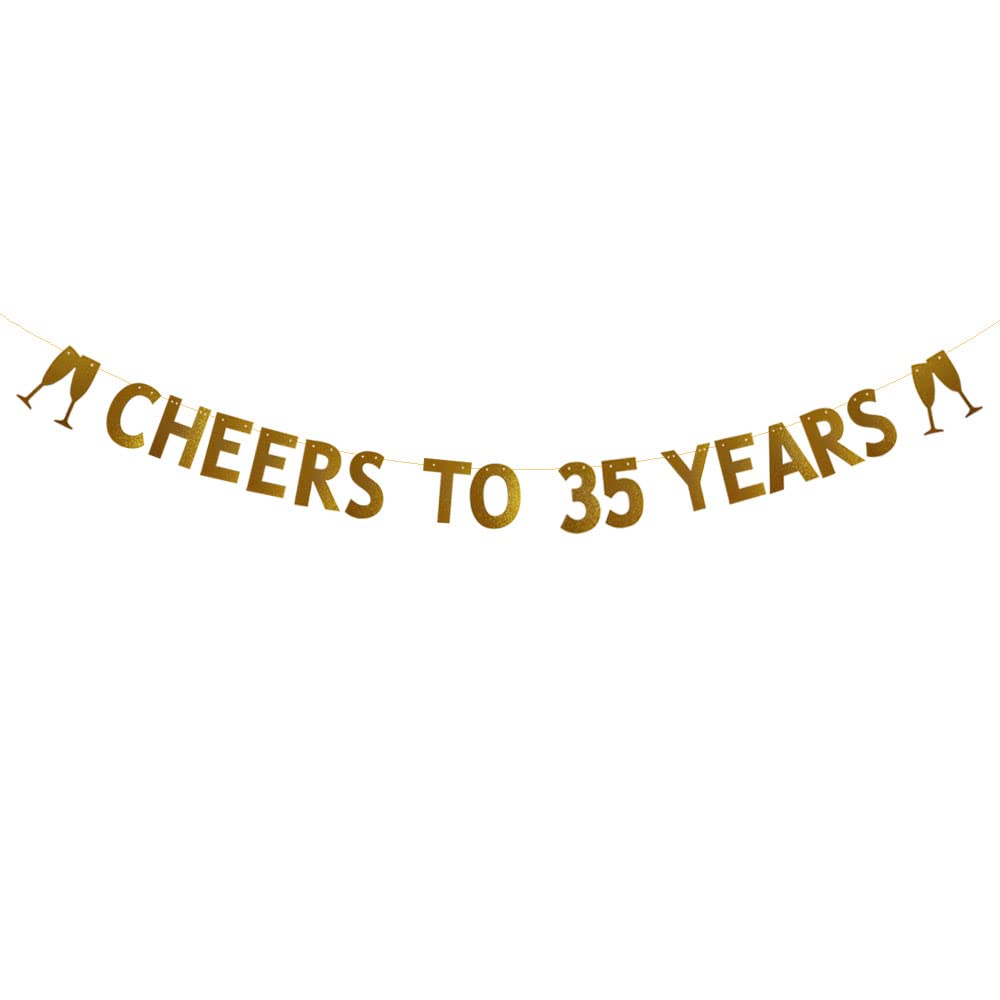 Betteryanzi Gold Cheers to 35 Years Banner,Pre-strung,35th Birthday / Wedding Anniversary Party Decorations Supplies,Gold Glitter Paper Garlands