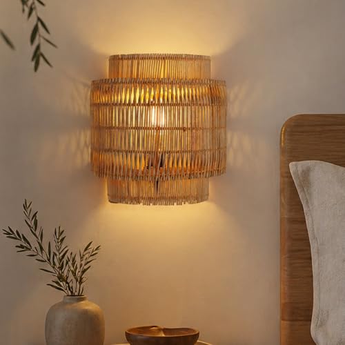 Image of Habere India-All the Cultures Fabricating India Cane Wall Lamp | Rattan Wall Light for Bedroom & Living Room | Decorative Wall Mount Lamp (L22 x W12 x H24 cm)