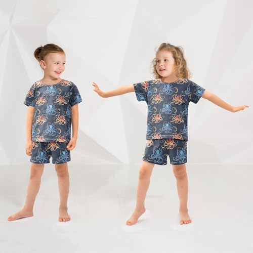 Blue Red Octopus Pajama Set, Short Sleeve Cotton Sleepwear Nightwear4