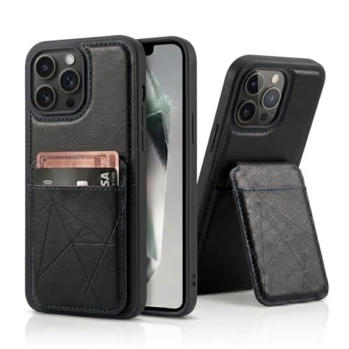 Image of amazon basics Premium Vegan Leather Back Cover with Card Holder and Integrated Mobile Stand for iPhone 16 Pro - Slim Shockproof Wallet Case with Geometric Stitching [Black]