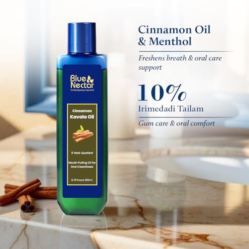Image of Blue Nectar Cinnamon Mouth Pulling Oil for Kavala Gandusha Oral Hygiene Ritual | Ayurvedic Mouth Wash Liquid for Bad Breath Remover, Oral Care & Gum Care Support (9 Herbs, 100ml)