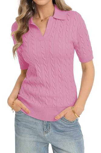 Image of QUALFORT Cable Knit Women's Short Sleeve Sweater Soft V Neck Polo Tops