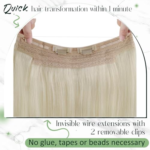 RUNATURE Invisible Wire Hair Extensions Real Human Hair White Blonde Invisible Fish Line Hair Extensions Human Hair White Blonde One Piece Straight Hiar 14 Inch 70g #60 - Image 4