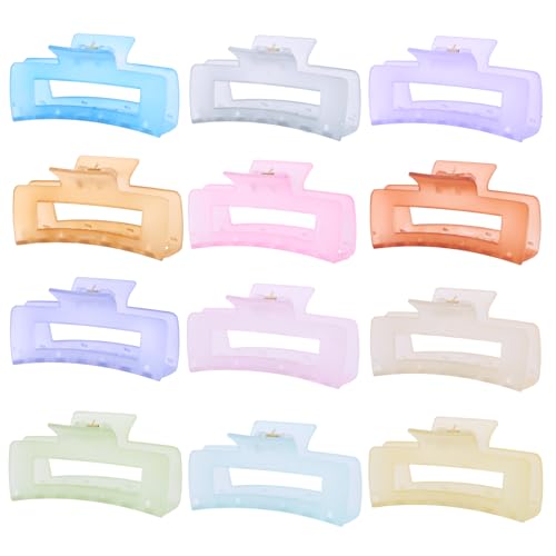 12 PCS Large Clear Square Hair Claw for Women 4.3-Inch Matte Rectangle Clips Strong Hold for Thick & Thin Hair