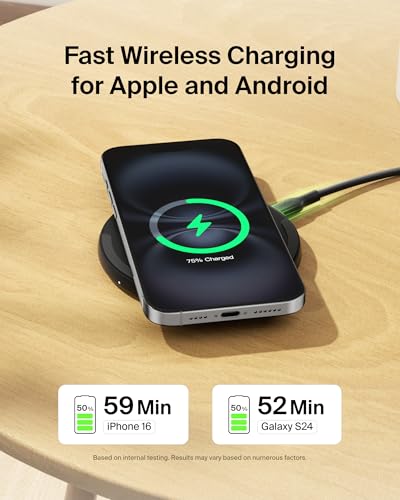 Image of Belkin 15W Wireless Charging Pad, Qi Charger with Power Adapter | iPhone 16 /15 /14, AirPods, Samsung Galaxy S25 /S24, Pixel 10 compatible, power adapter and cable included