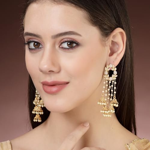 Image of Zeneme Earring Gold Plated Beaded Handcrafted Bahubali Inspired Devsena Jhumka Fringed Dangle Jewellery For Girl And Women