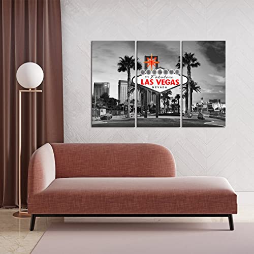 Fushvre 3 Piece Black And White City Wall Art Las Vegas Canvas Picture Prints Retro Cityscape Poster For Home Bedroom Living Room Decor Framed 16"X32" #TOP2
