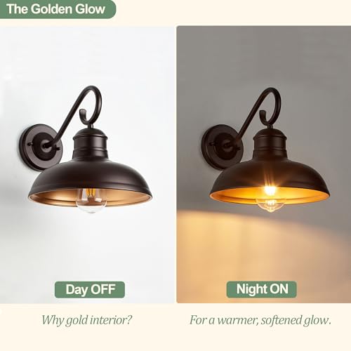 Image of GOLDHILL 10 Inch Farmhouse Gooseneck Barn Light with Gold Interior 1 Pack, Oil Rubbed Bronze Rustic Outdoor Wall Sconce for Garage Porch Bathroom Vanity, E26 Base, ETL Listed