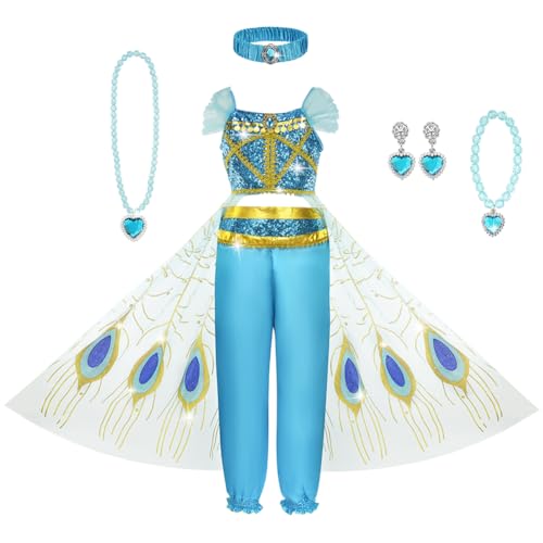 AOOWU Disfraz de Princesa Jazmín para Niña, 7 PCS Set Vestido de Jasmine con Diademas, Collares y Princesa Jazmín Disfraz, Disfraz Halloween Cosplay Cumpleaños Carnaval Fiestas(120CM)