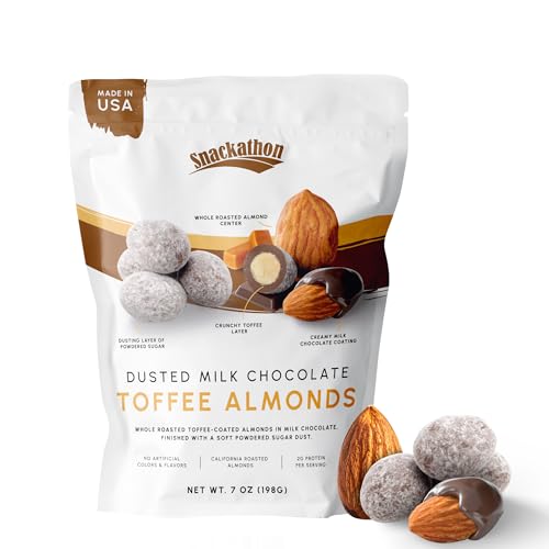 Snackathon Dusted Toffee Milk Chocolate Covered Almonds, 7 oz Resealable Bag, Whole Roasted Almonds Coated in Toffee and Creamy Milk Chocolate, Crunchy & Sweet Nut Snack, Made in USA
