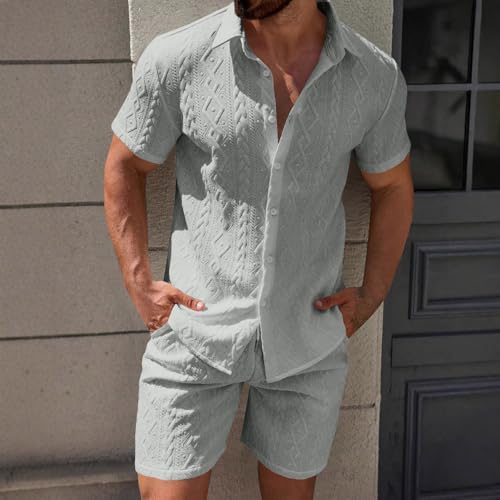 Mens 2 Piece Outfits Summer Fashion Casual Beach Vacation Button down Short Sleeve Solid Shirt with Shorts Lounge Set2