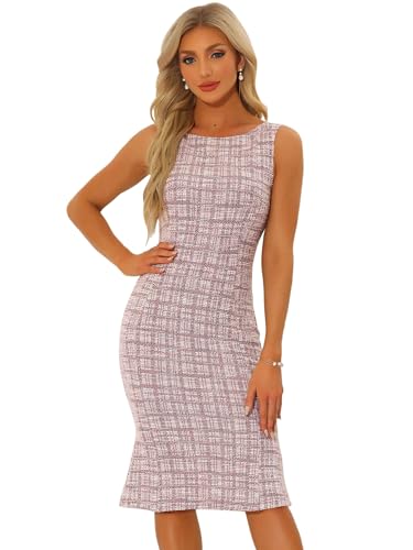 Allegra K Damen Tweed Kleid Ärmellose Elegante Karierte Bodycon Sommer Midi Kleider Rosa S