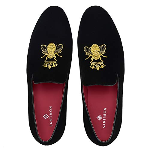Santimon Men's Velvet Loafers Casual Slip on Dress Shoes with Gold Embroidery Smoking Slippers Flats2