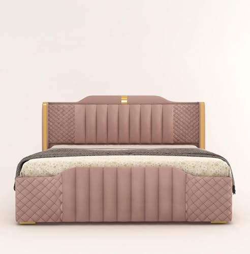 Image of Modern Upholstered King Size Bed with Storage | Double Bed with Box Storage & Upholstery Premium Fabric Headboard | Platform Bed for Bedroom & Hotel | Sheesham Wood, Onion Pink, 6.5 x 6 Ft