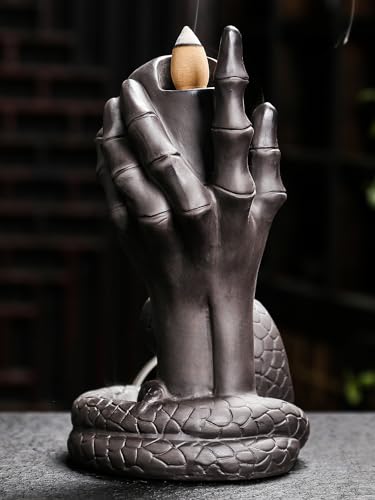 HaisWonsa Skull Snake Incense Burner Holder - Backflow Waterfall Cone Incense Holder, Ceramic Unique Skeleton Incense Burner with Cones & Sticks for Halloween/Aromatherapy/Yoga/Home/Room/Office Deco