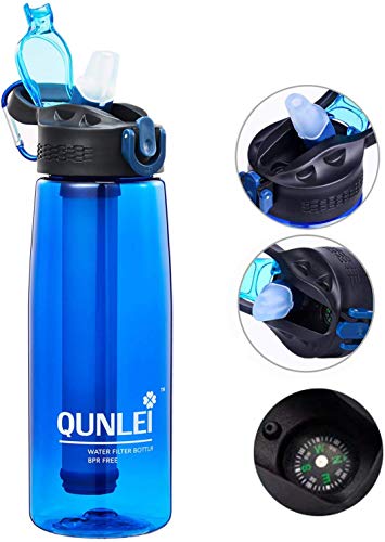 Qunlei Botella de Filtro de Agua, purificador de Agua de Emergencia con Pajita de Filtro integrada de 2 etapas para Viajes, Camping, Senderismo, Mochilas, sin BPA, 22 onzas, Azul